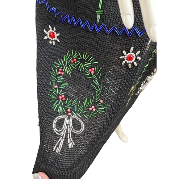 Christmas Tunic Sweater Victoria Jones Vintage 90’s M/L Black Beaded Pearls Mock - Picture 16 of 17